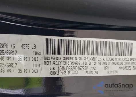 2017 Jeep Compass Sport 4X4 z USA, uszkodzony, nr VIN 1C4NJDBB2HD167652